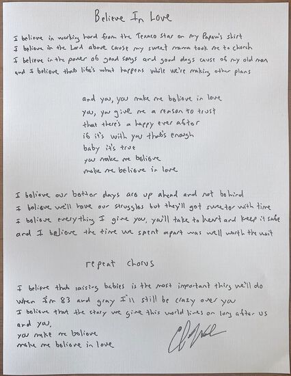 ""Believe in Love"" Handwritten Lyric Sheet